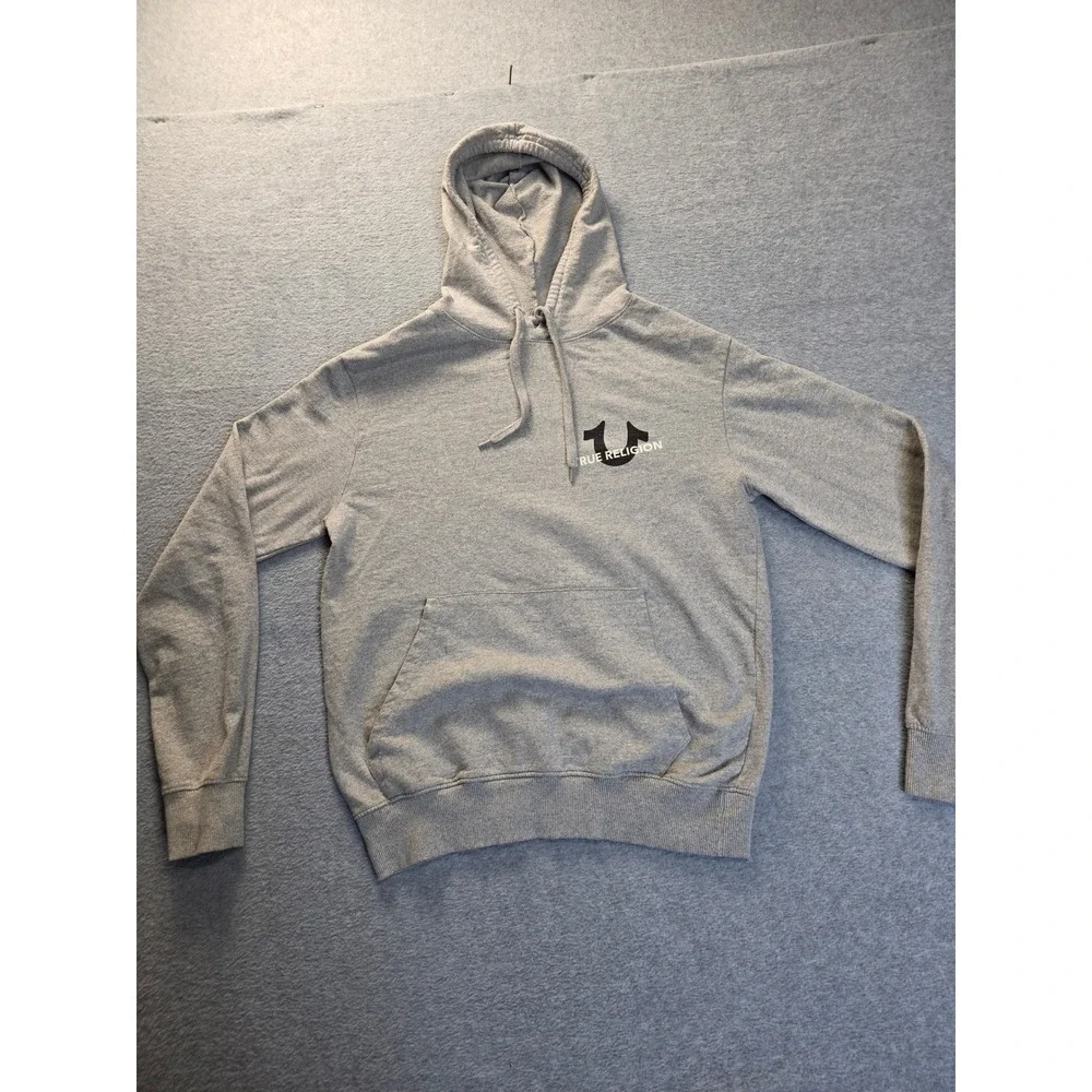 True Religion Mens‎ Hoodie Gray Stacked Logo Graphic Pullover Sweatshirt Medium